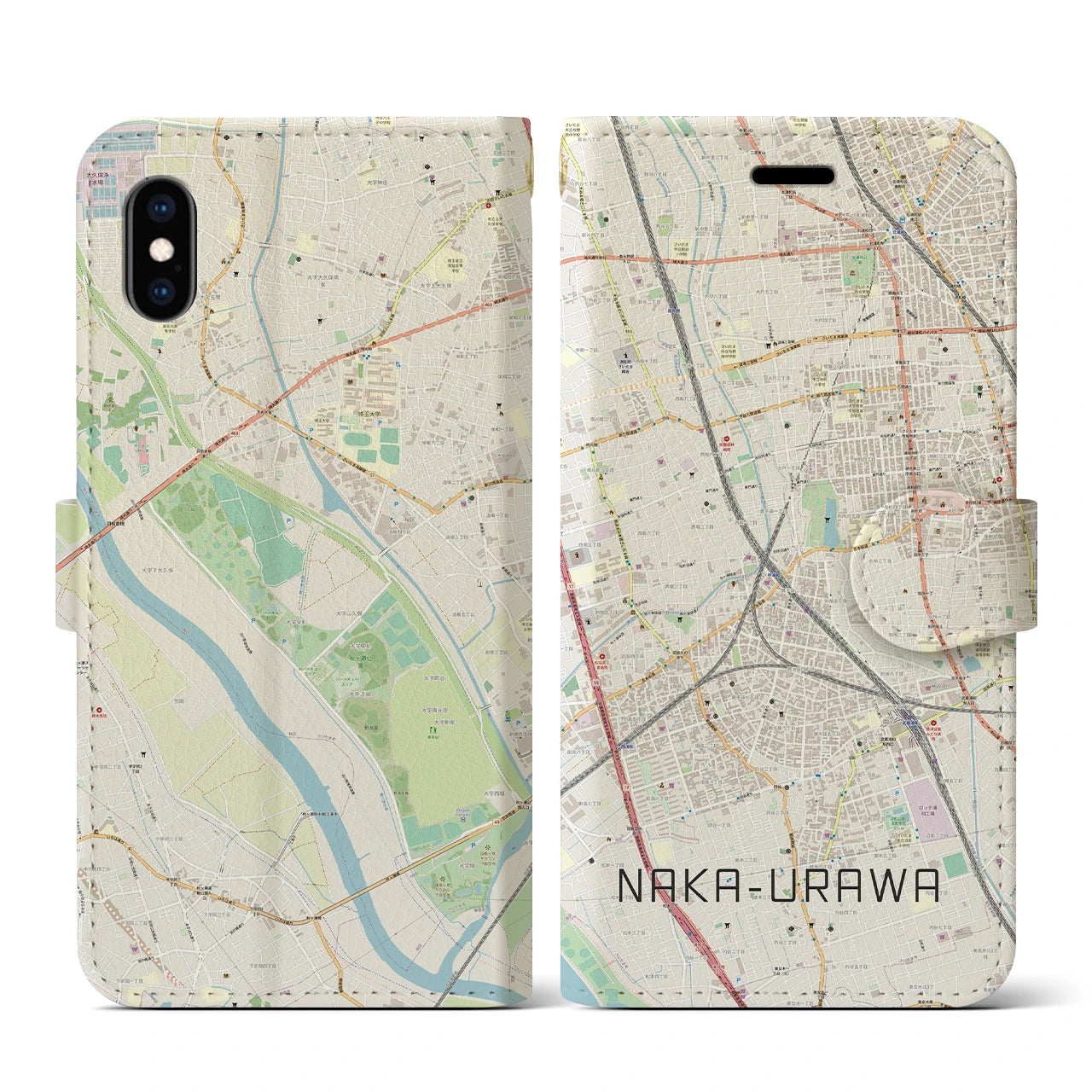【中浦和(埼玉県)】地図柄iPhoneケース(手帳タイプ)ナチュラル・iPhone XS / X 用