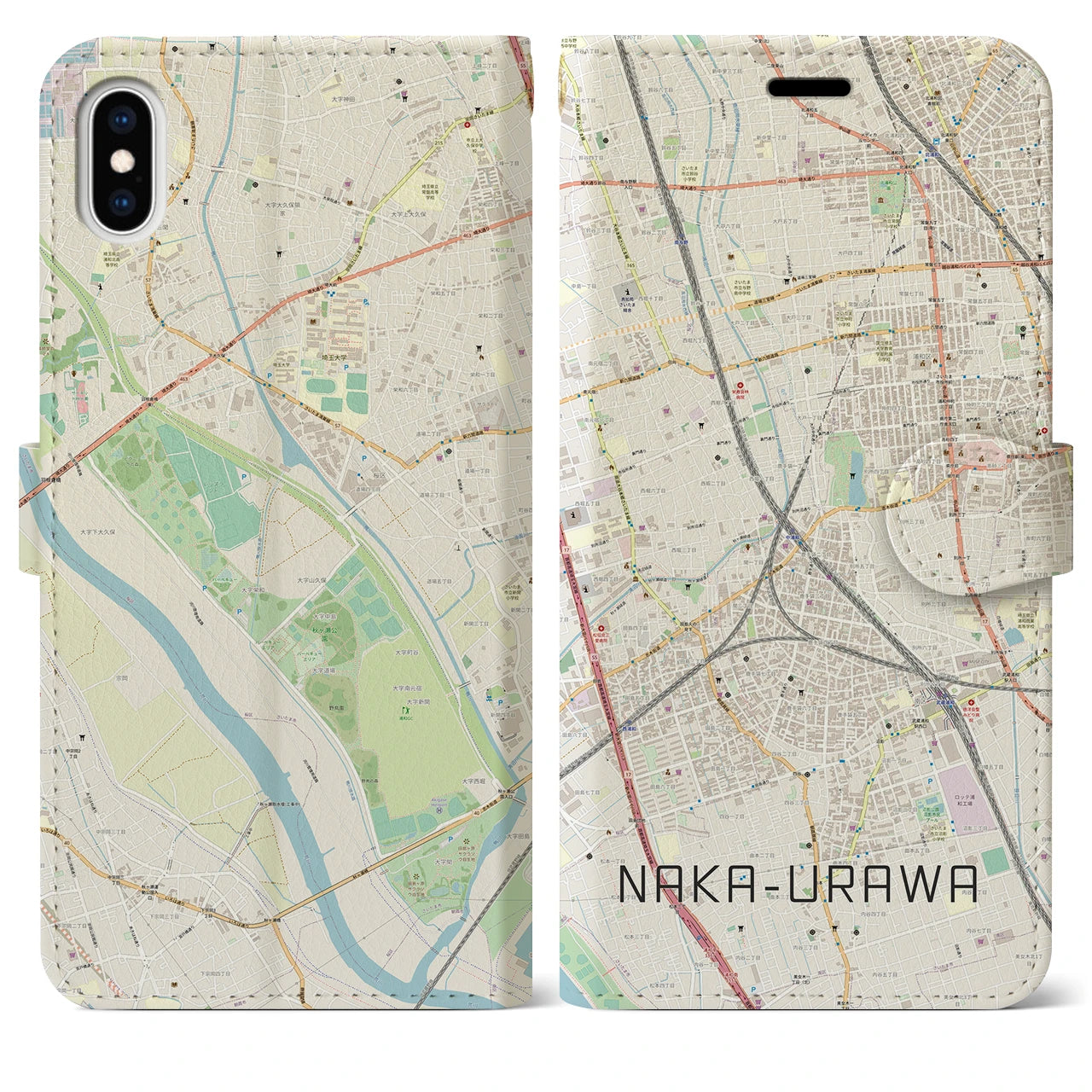 【中浦和(埼玉県)】地図柄iPhoneケース(手帳タイプ)ナチュラル・iPhone XS Max 用