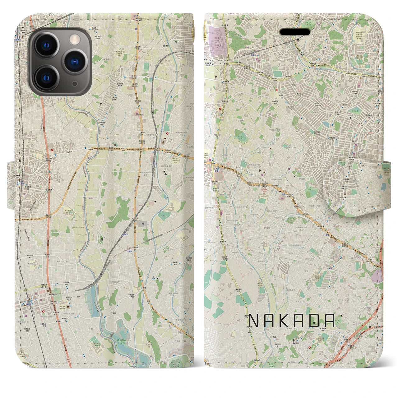 【中田(神奈川県)】地図柄iPhoneケース(手帳タイプ)ナチュラル・iPhone 11 Pro Max 用