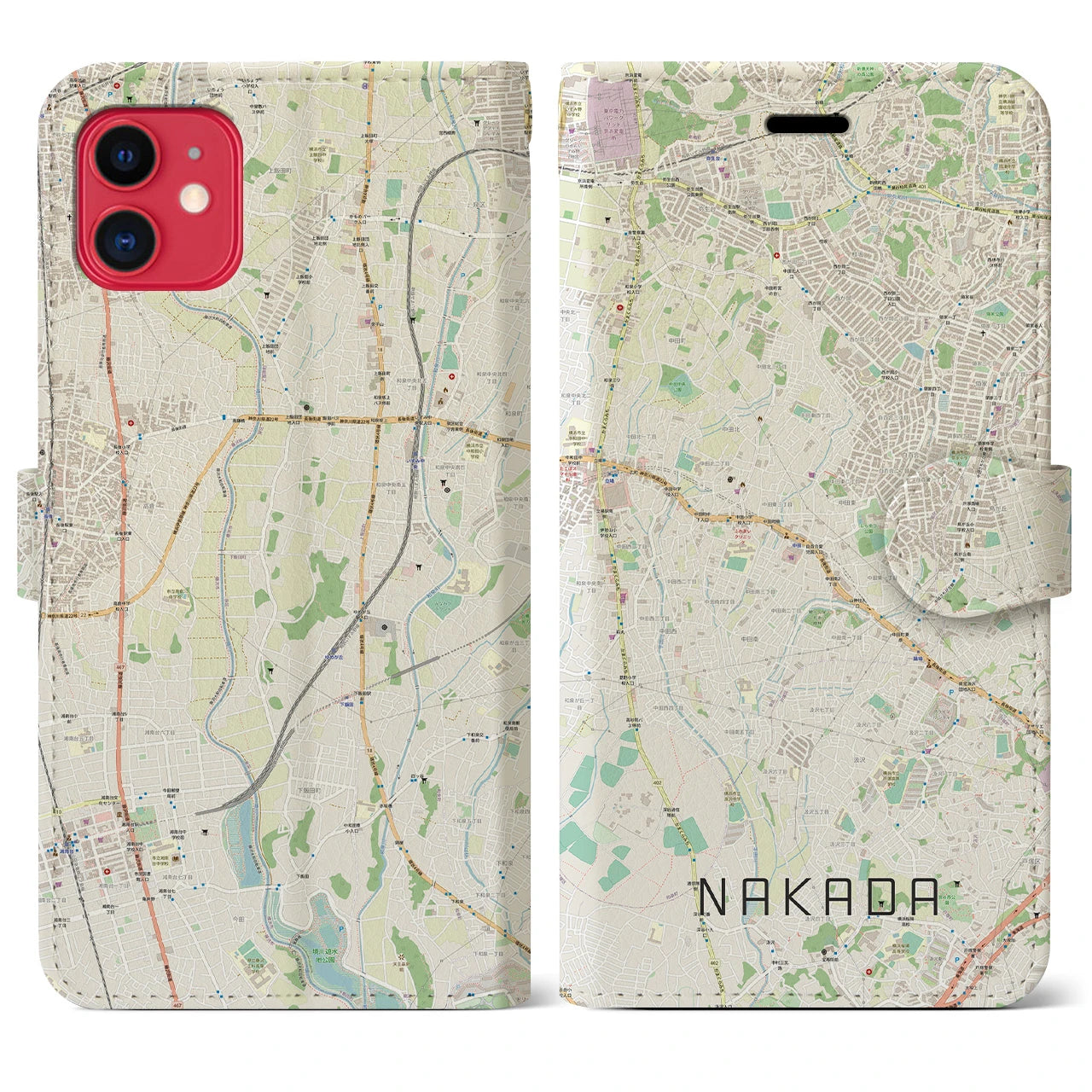 【中田(神奈川県)】地図柄iPhoneケース(手帳タイプ)ナチュラル・iPhone 11 用