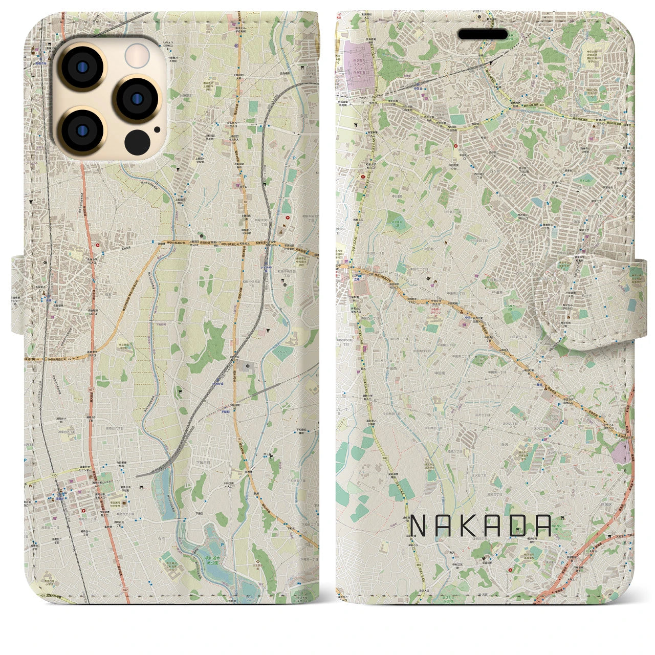 【中田(神奈川県)】地図柄iPhoneケース(手帳タイプ)ナチュラル・iPhone 12 Pro Max 用