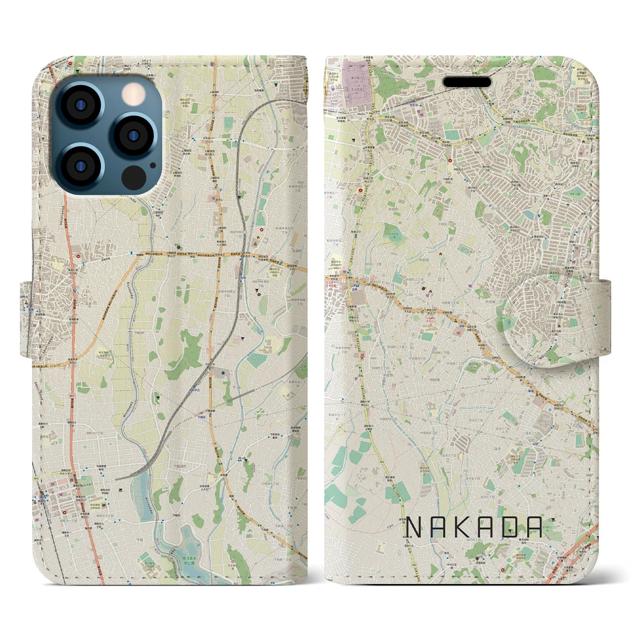 【中田(神奈川県)】地図柄iPhoneケース(手帳タイプ)ナチュラル・iPhone 12 / 12 Pro 用