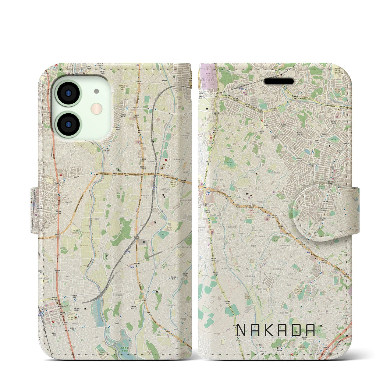 【中田(神奈川県)】地図柄iPhoneケース(手帳タイプ)ナチュラル・iPhone 12 mini 用