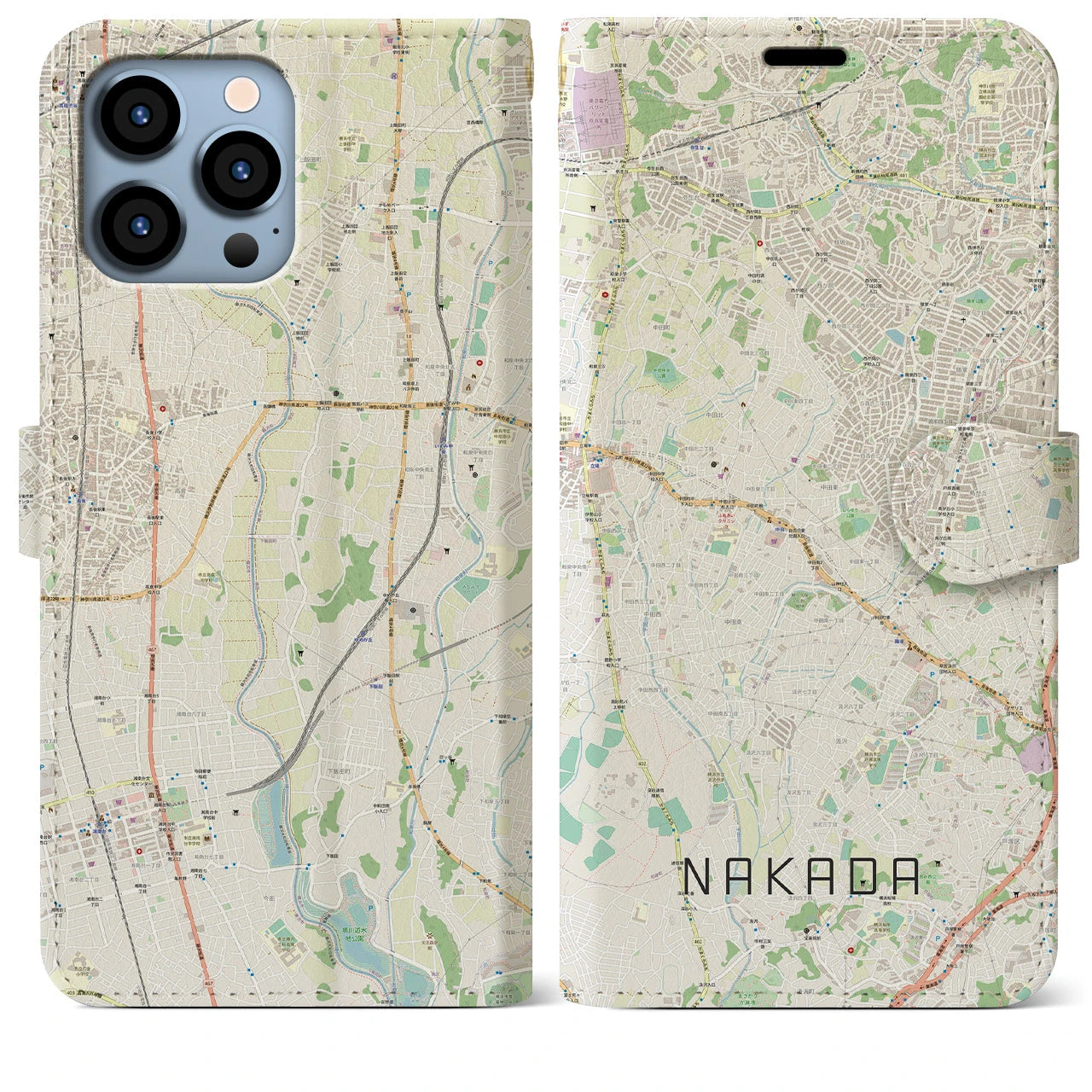 【中田(神奈川県)】地図柄iPhoneケース(手帳タイプ)ナチュラル・iPhone 13 Pro Max 用
