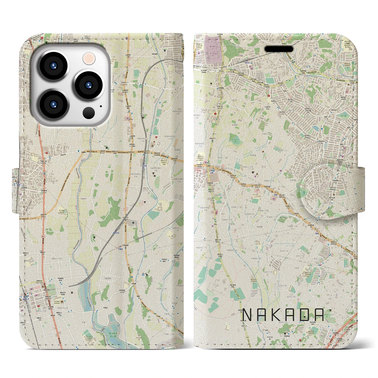 【中田(神奈川県)】地図柄iPhoneケース(手帳タイプ)ナチュラル・iPhone 13 Pro 用