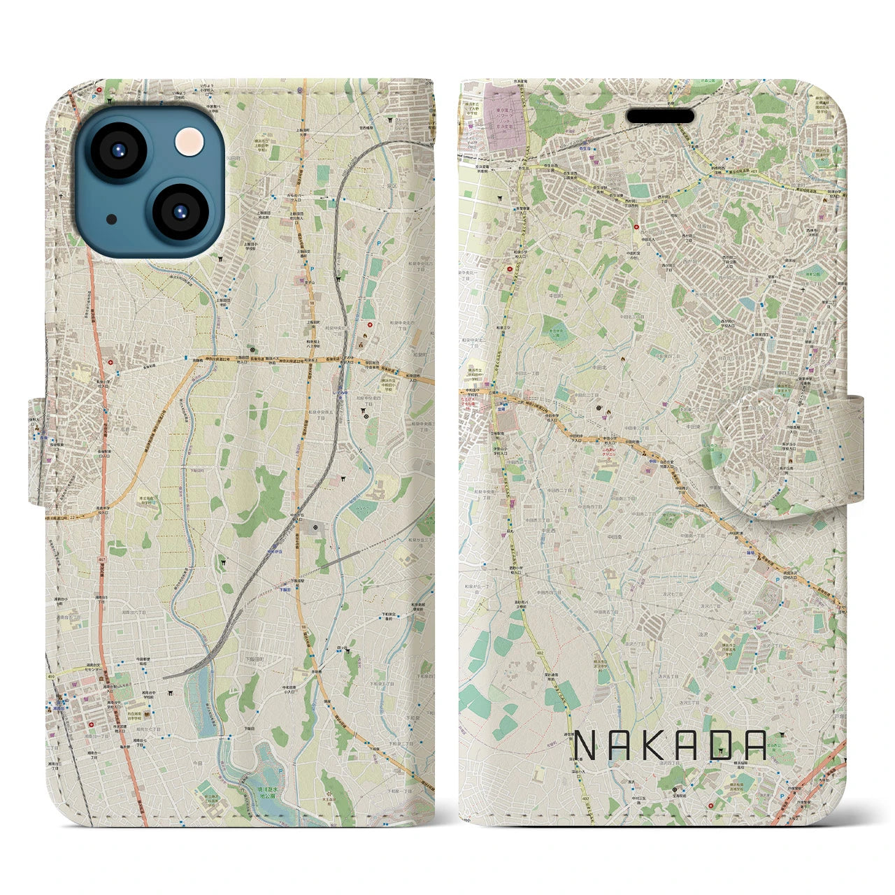 【中田(神奈川県)】地図柄iPhoneケース(手帳タイプ)ナチュラル・iPhone 13 用