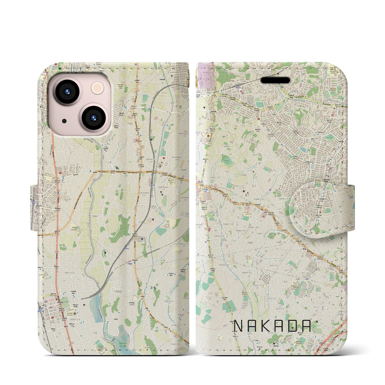 【中田(神奈川県)】地図柄iPhoneケース(手帳タイプ)ナチュラル・iPhone 13 mini 用