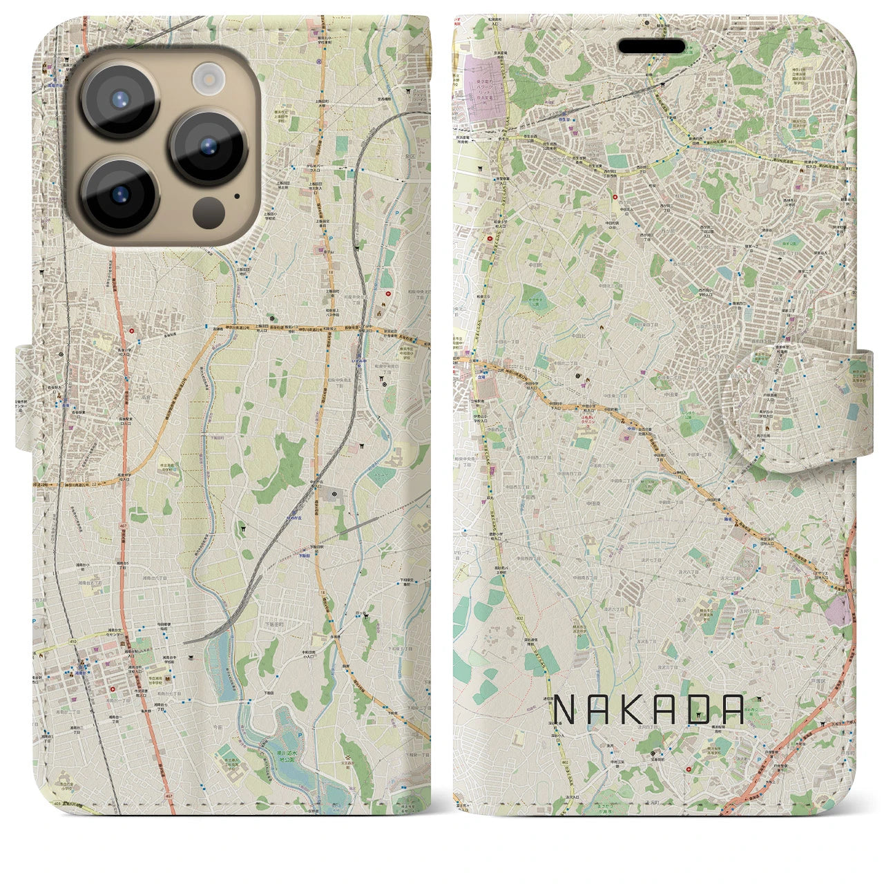 【中田(神奈川県)】地図柄iPhoneケース(手帳タイプ)ナチュラル・iPhone 14 Pro Max 用