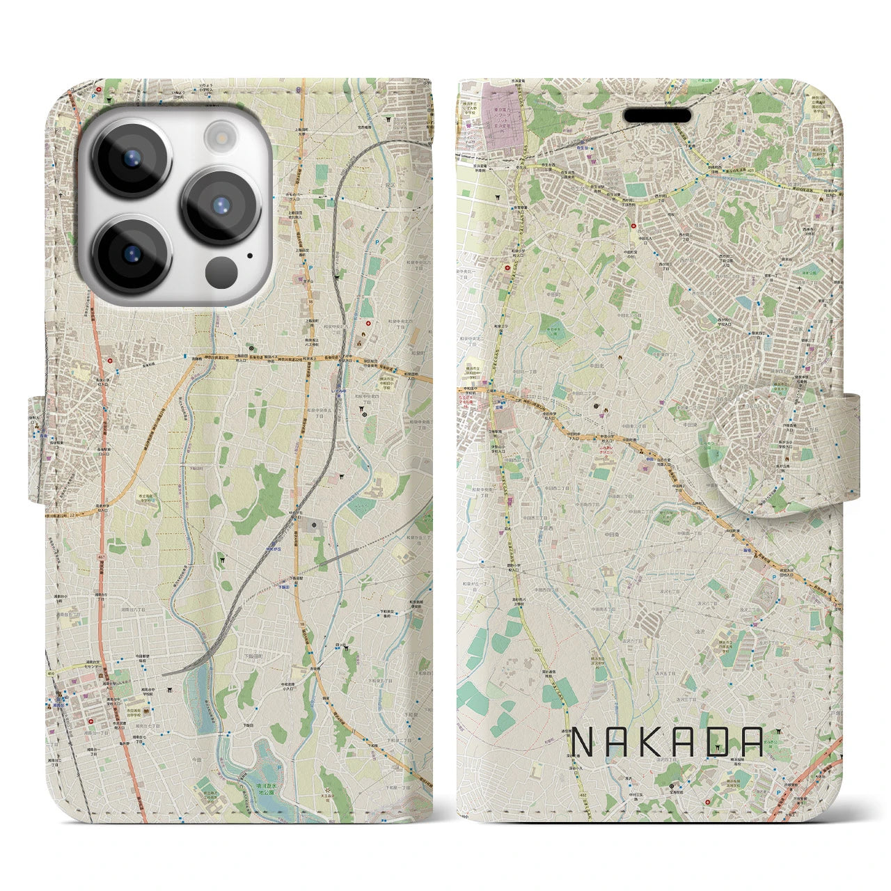 【中田(神奈川県)】地図柄iPhoneケース(手帳タイプ)ナチュラル・iPhone 14 Pro 用