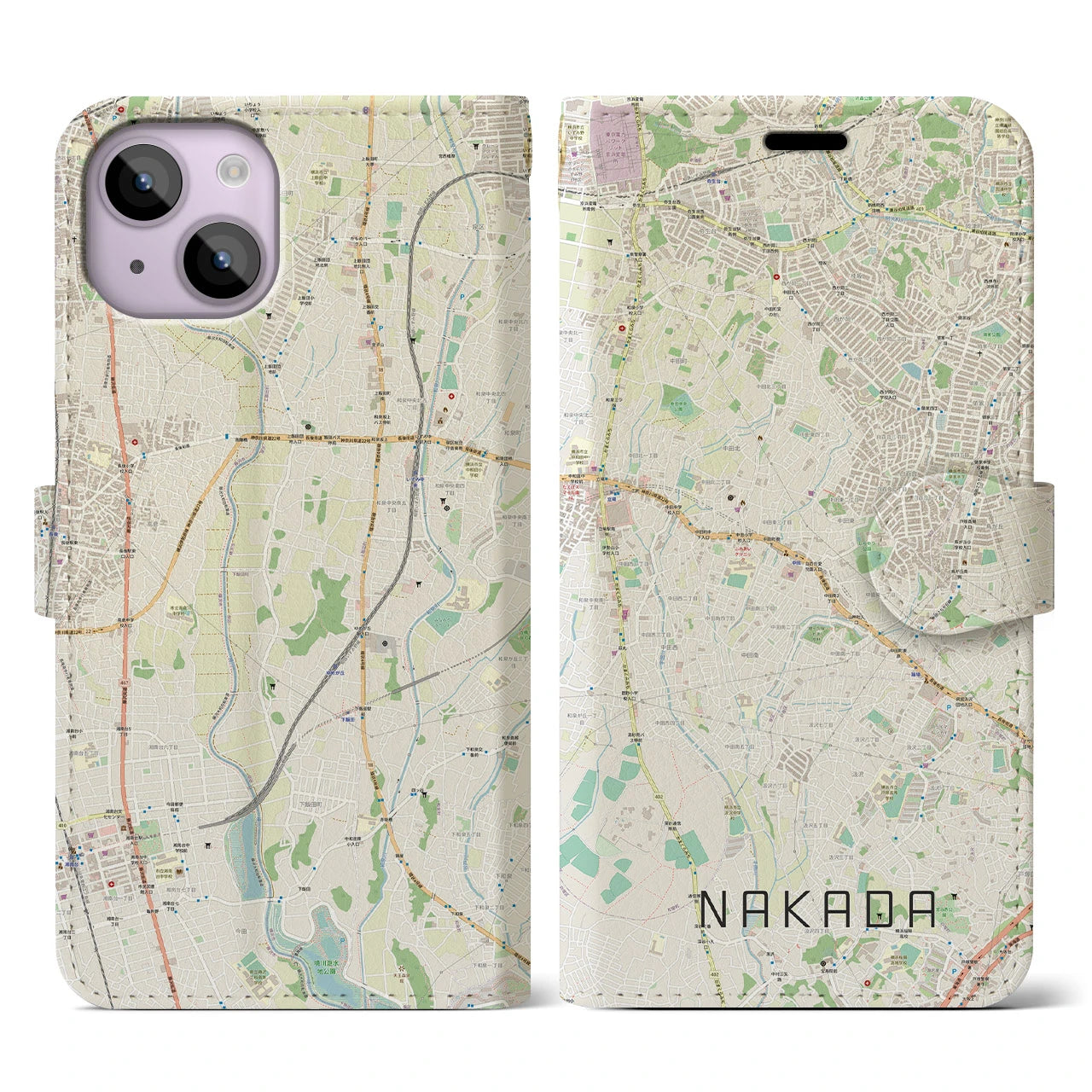 【中田(神奈川県)】地図柄iPhoneケース(手帳タイプ)ナチュラル・iPhone 14 用