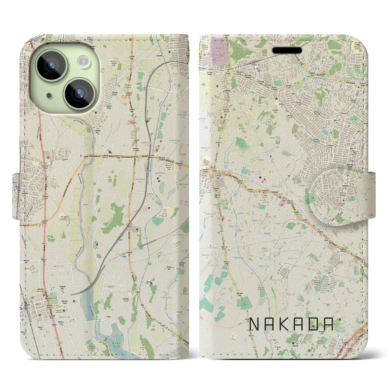 【中田(神奈川県)】地図柄iPhoneケース(手帳タイプ)ナチュラル・iPhone 15 用