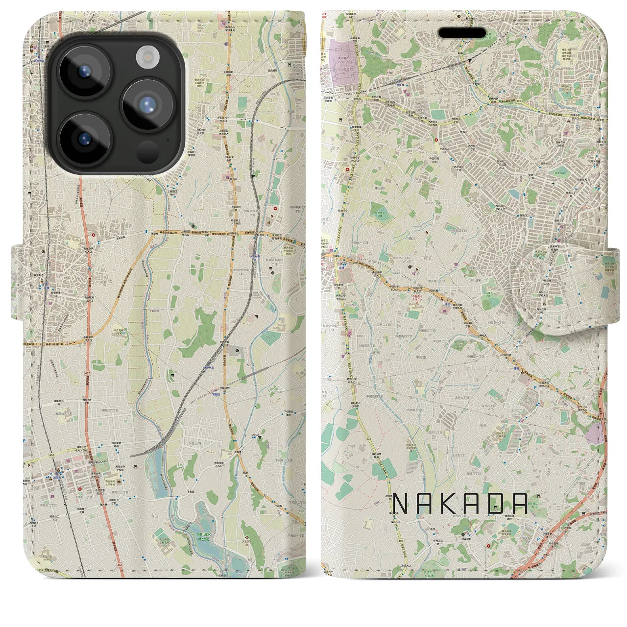 【中田(神奈川県)】地図柄iPhoneケース(手帳タイプ)ナチュラル・iPhone 15 Pro Max 用
