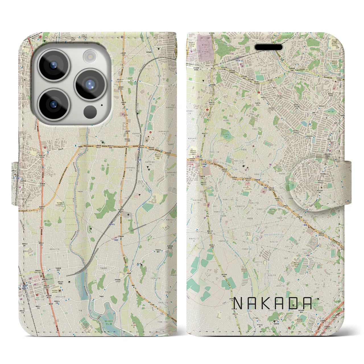 【中田(神奈川県)】地図柄iPhoneケース(手帳タイプ)ナチュラル・iPhone 15 Pro 用