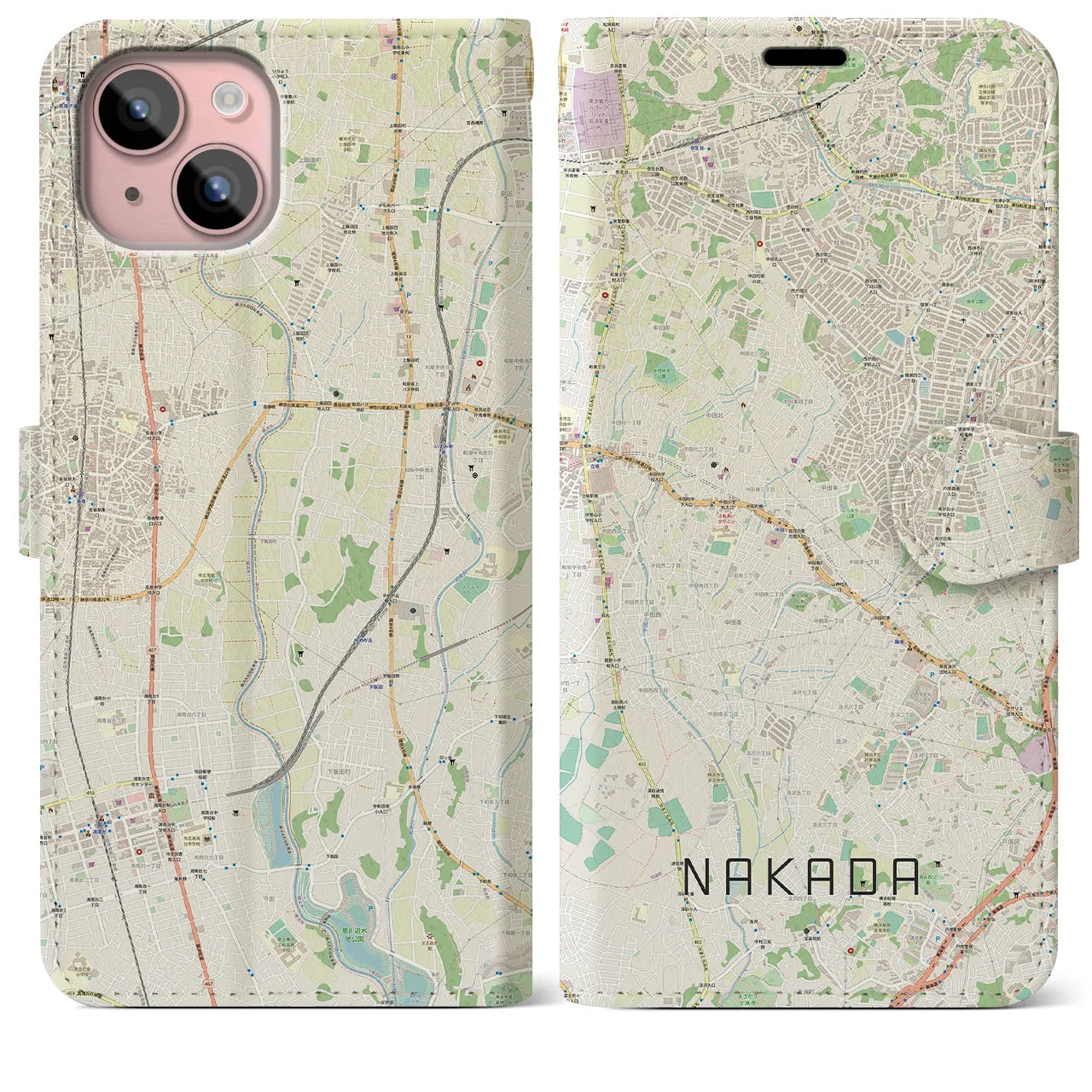 【中田(神奈川県)】地図柄iPhoneケース(手帳タイプ)ナチュラル・iPhone 15 Plus 用