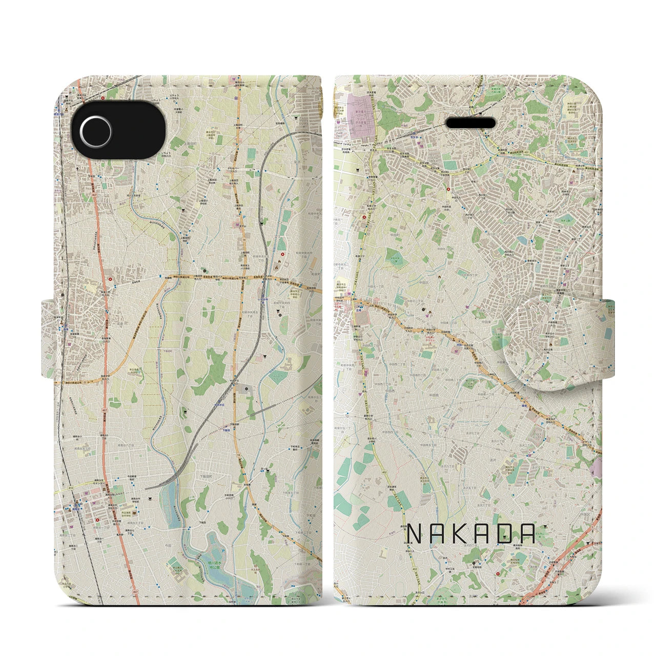 【中田(神奈川県)】地図柄iPhoneケース(手帳タイプ)ナチュラル・iPhone SE(第3 / 第2世代) / 8 / 7 / 6s / 6 用