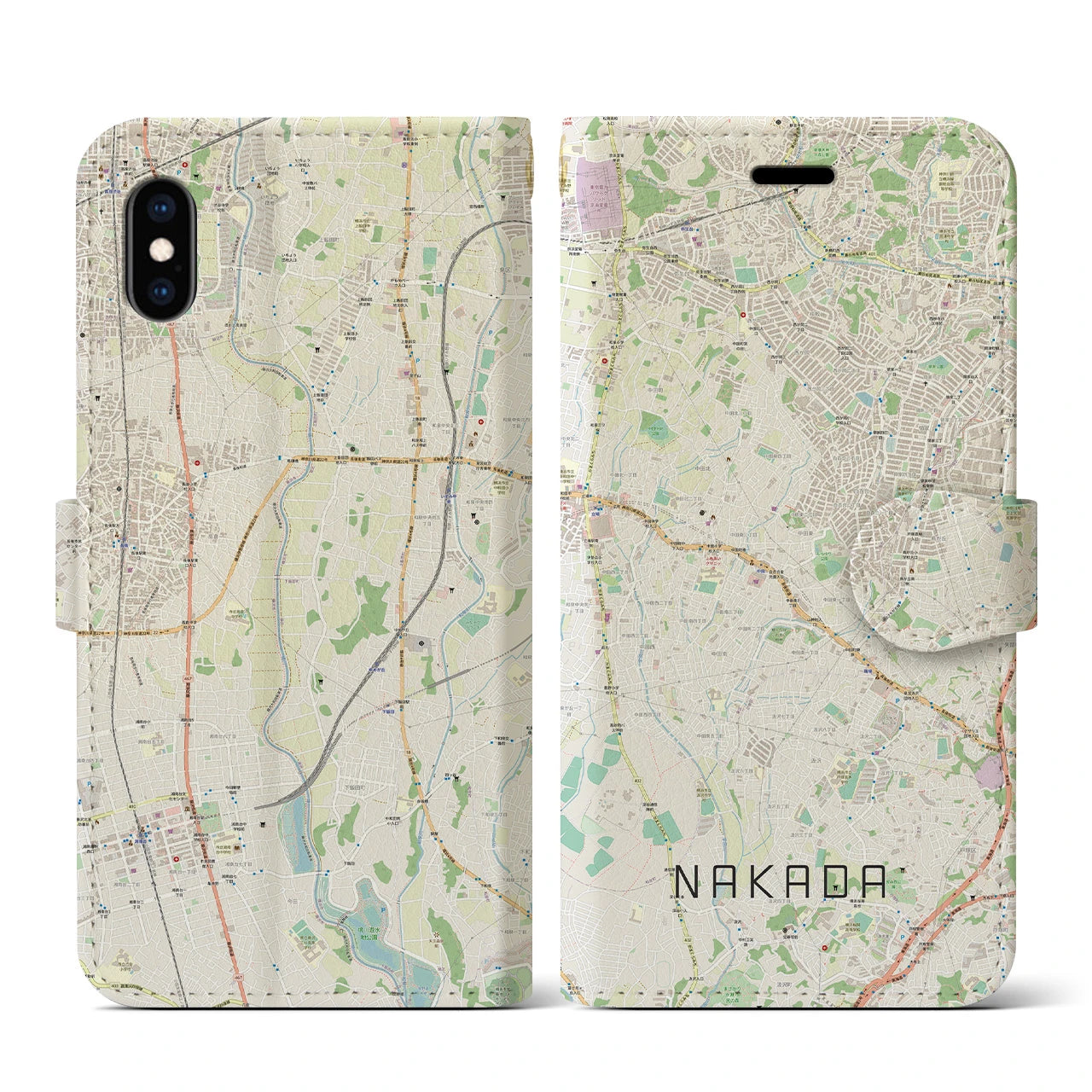 【中田(神奈川県)】地図柄iPhoneケース(手帳タイプ)ナチュラル・iPhone XS / X 用
