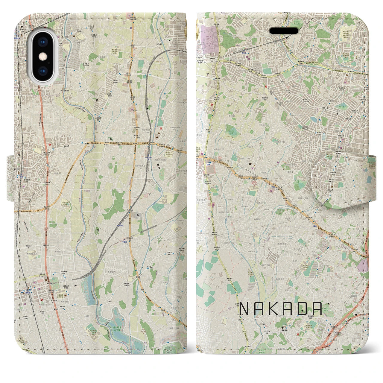 【中田(神奈川県)】地図柄iPhoneケース(手帳タイプ)ナチュラル・iPhone XS Max 用