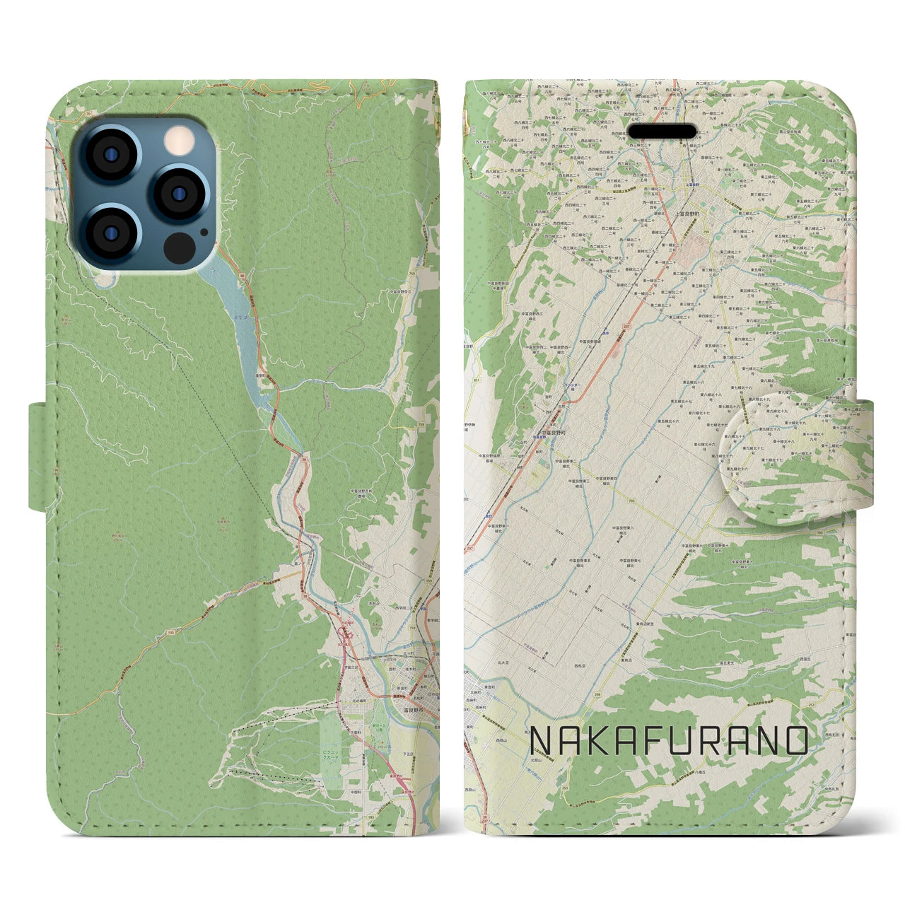【中富良野(北海道)】地図柄iPhoneケース(手帳タイプ)ナチュラル・iPhone 12 / 12 Pro 用