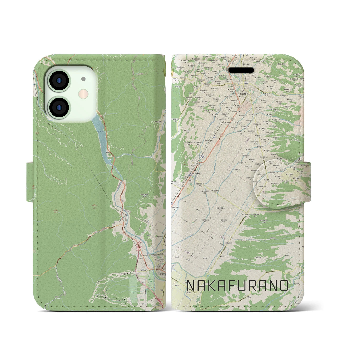 【中富良野(北海道)】地図柄iPhoneケース(手帳タイプ)ナチュラル・iPhone 12 mini 用