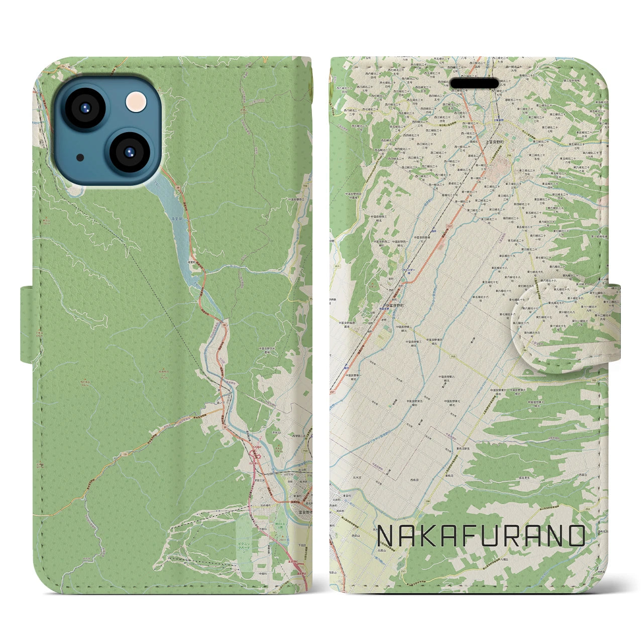 【中富良野(北海道)】地図柄iPhoneケース(手帳タイプ)ナチュラル・iPhone 13 用