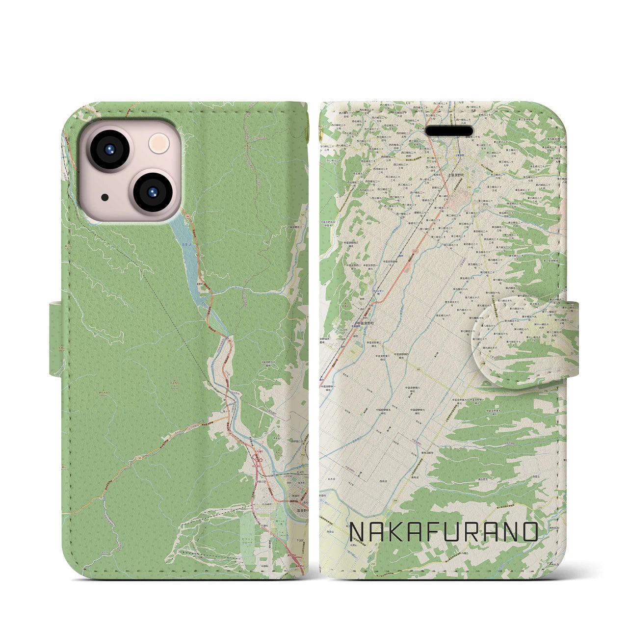 【中富良野(北海道)】地図柄iPhoneケース(手帳タイプ)ナチュラル・iPhone 13 mini 用