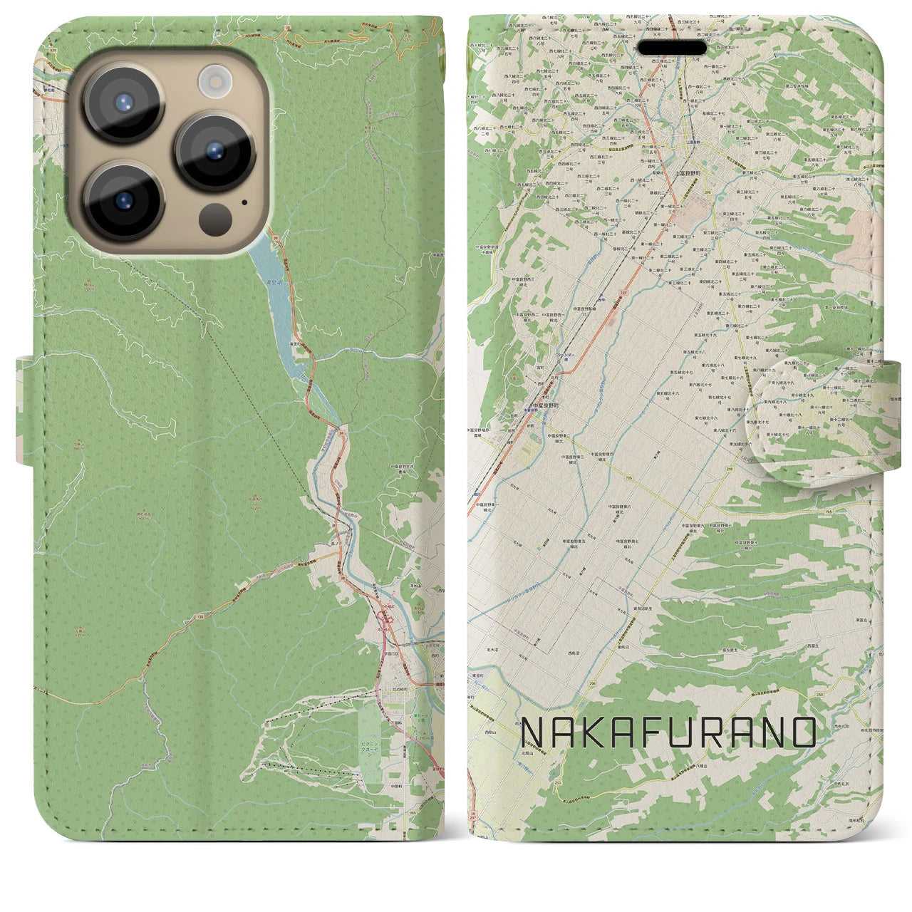 【中富良野(北海道)】地図柄iPhoneケース(手帳タイプ)ナチュラル・iPhone 14 Pro Max 用