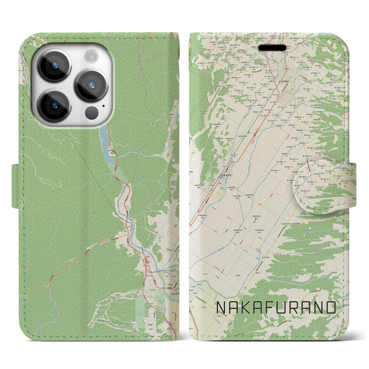 【中富良野(北海道)】地図柄iPhoneケース(手帳タイプ)ナチュラル・iPhone 14 Pro 用