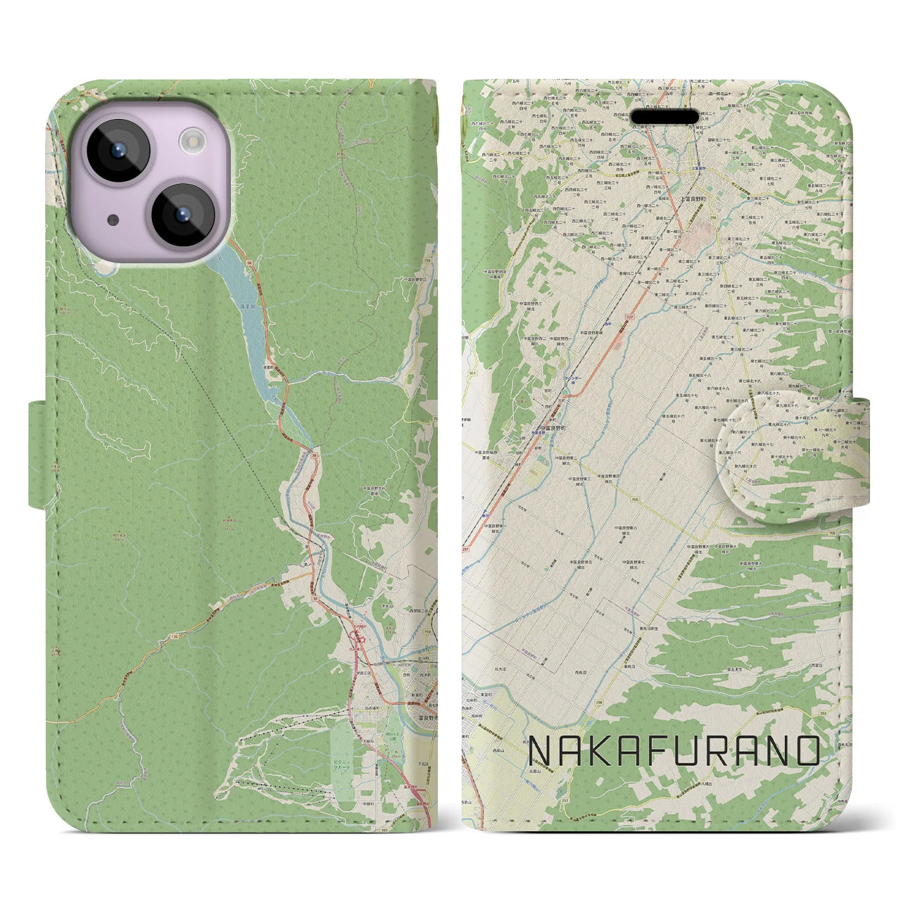 【中富良野(北海道)】地図柄iPhoneケース(手帳タイプ)ナチュラル・iPhone 14 用