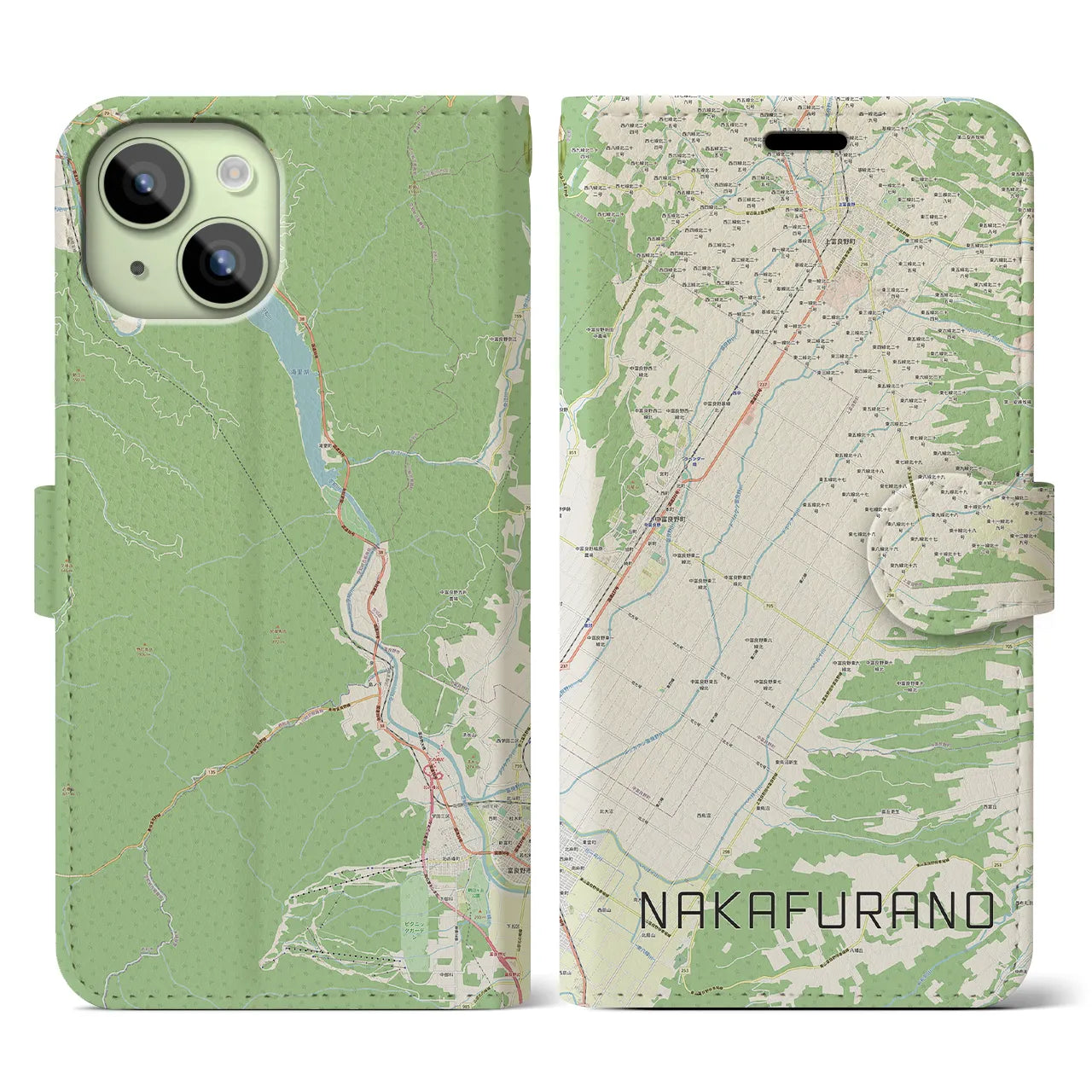 【中富良野(北海道)】地図柄iPhoneケース(手帳タイプ)ナチュラル・iPhone 15 用