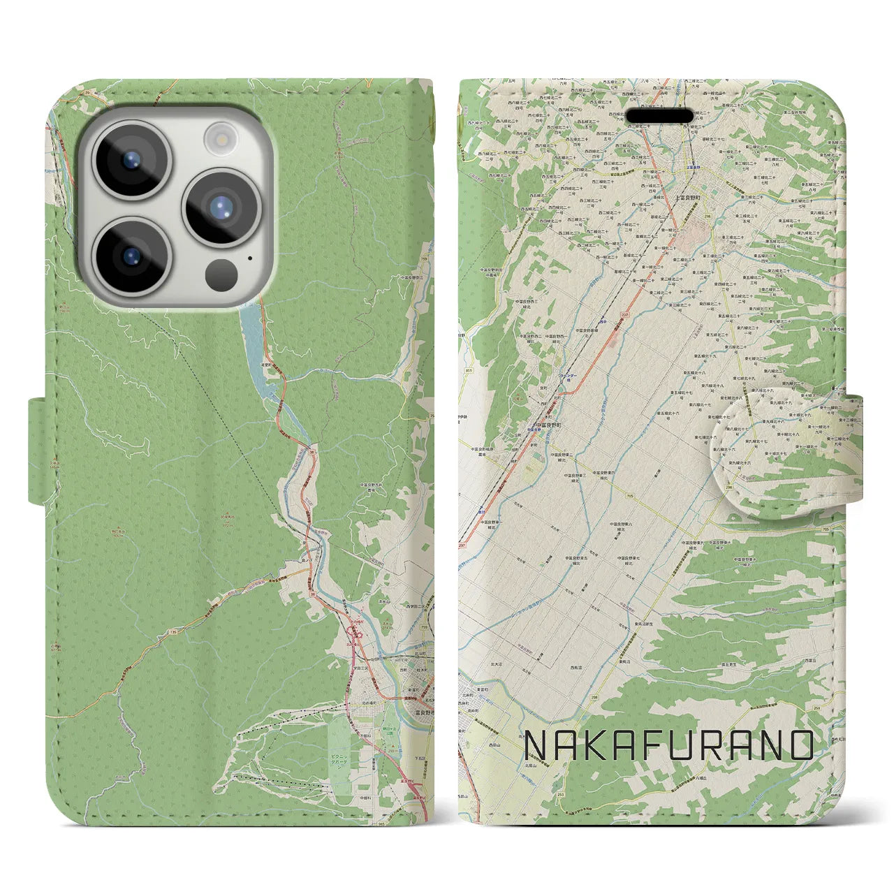 【中富良野(北海道)】地図柄iPhoneケース(手帳タイプ)ナチュラル・iPhone 15 Pro 用