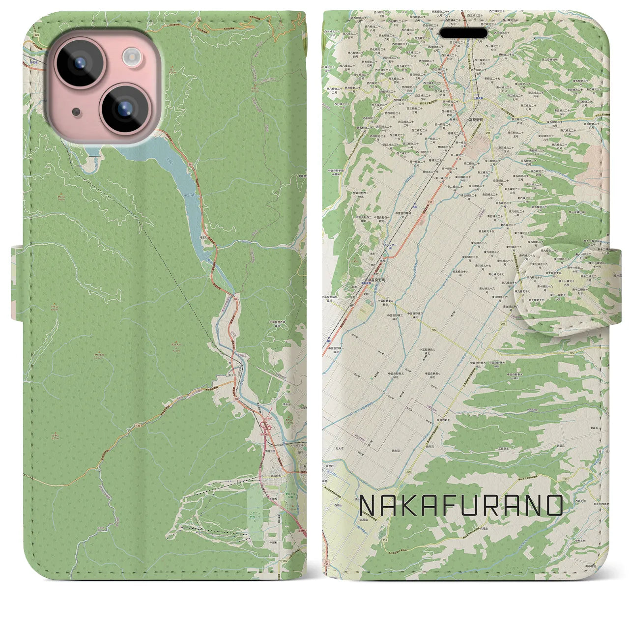 【中富良野(北海道)】地図柄iPhoneケース(手帳タイプ)ナチュラル・iPhone 15 Plus 用