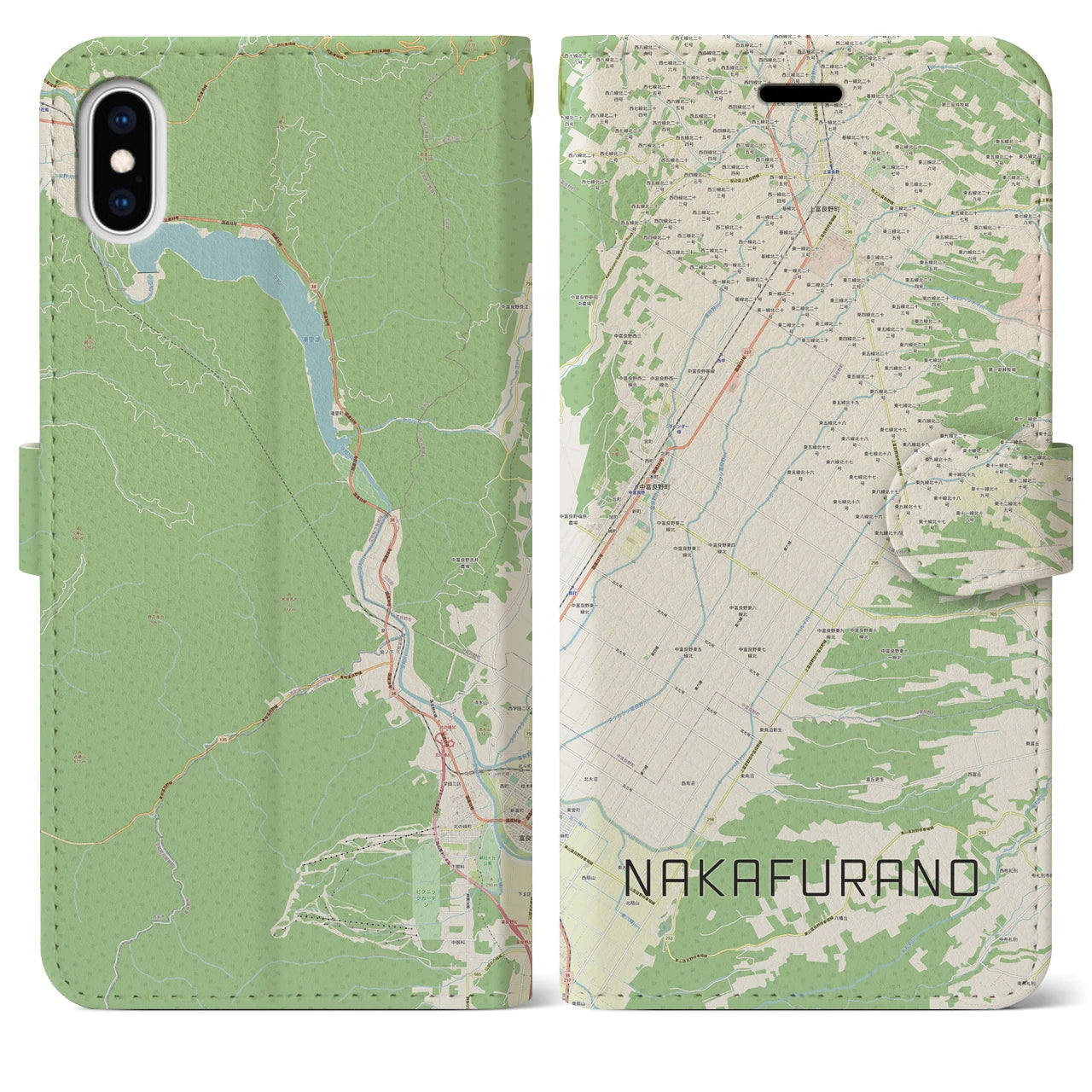 【中富良野(北海道)】地図柄iPhoneケース(手帳タイプ)ナチュラル・iPhone XS Max 用