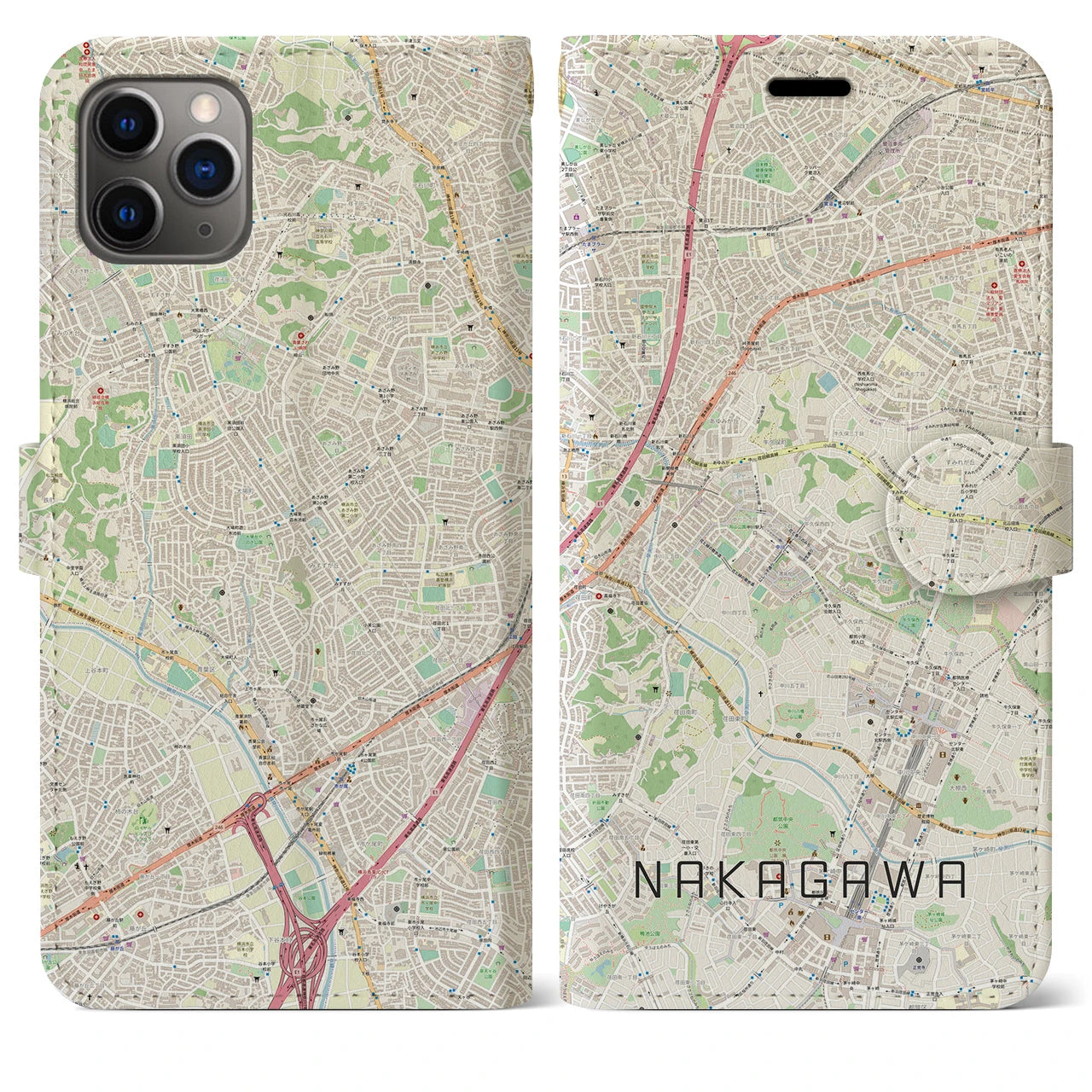 【中川(神奈川県)】地図柄iPhoneケース(手帳タイプ)ナチュラル・iPhone 11 Pro Max 用