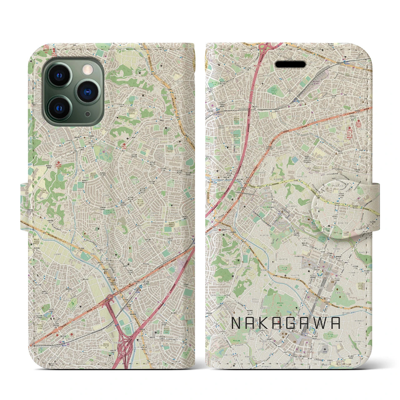【中川(神奈川県)】地図柄iPhoneケース(手帳タイプ)ナチュラル・iPhone 11 Pro 用