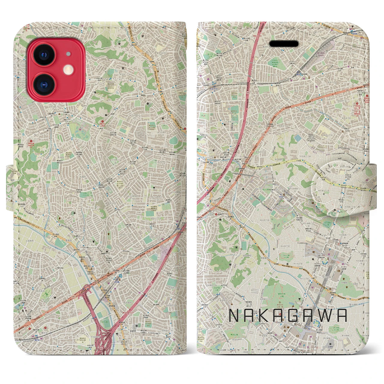 【中川(神奈川県)】地図柄iPhoneケース(手帳タイプ)ナチュラル・iPhone 11 用