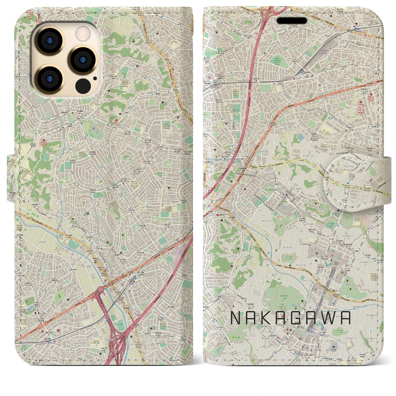 【中川(神奈川県)】地図柄iPhoneケース(手帳タイプ)ナチュラル・iPhone 12 Pro Max 用