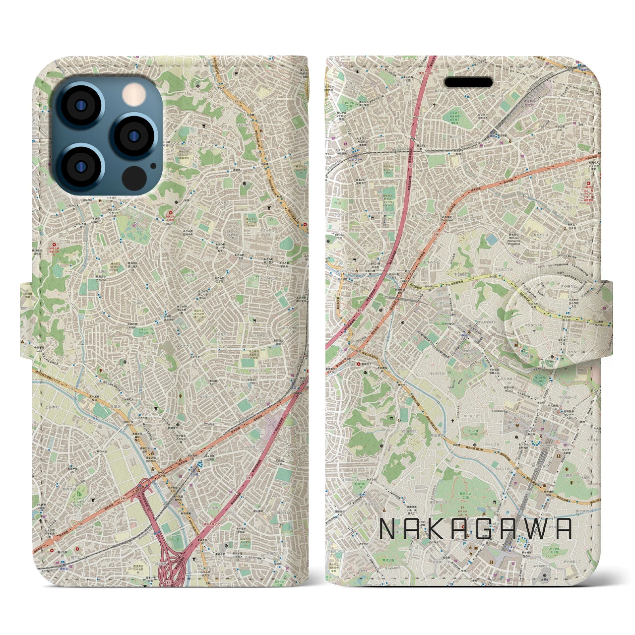 【中川(神奈川県)】地図柄iPhoneケース(手帳タイプ)ナチュラル・iPhone 12 / 12 Pro 用