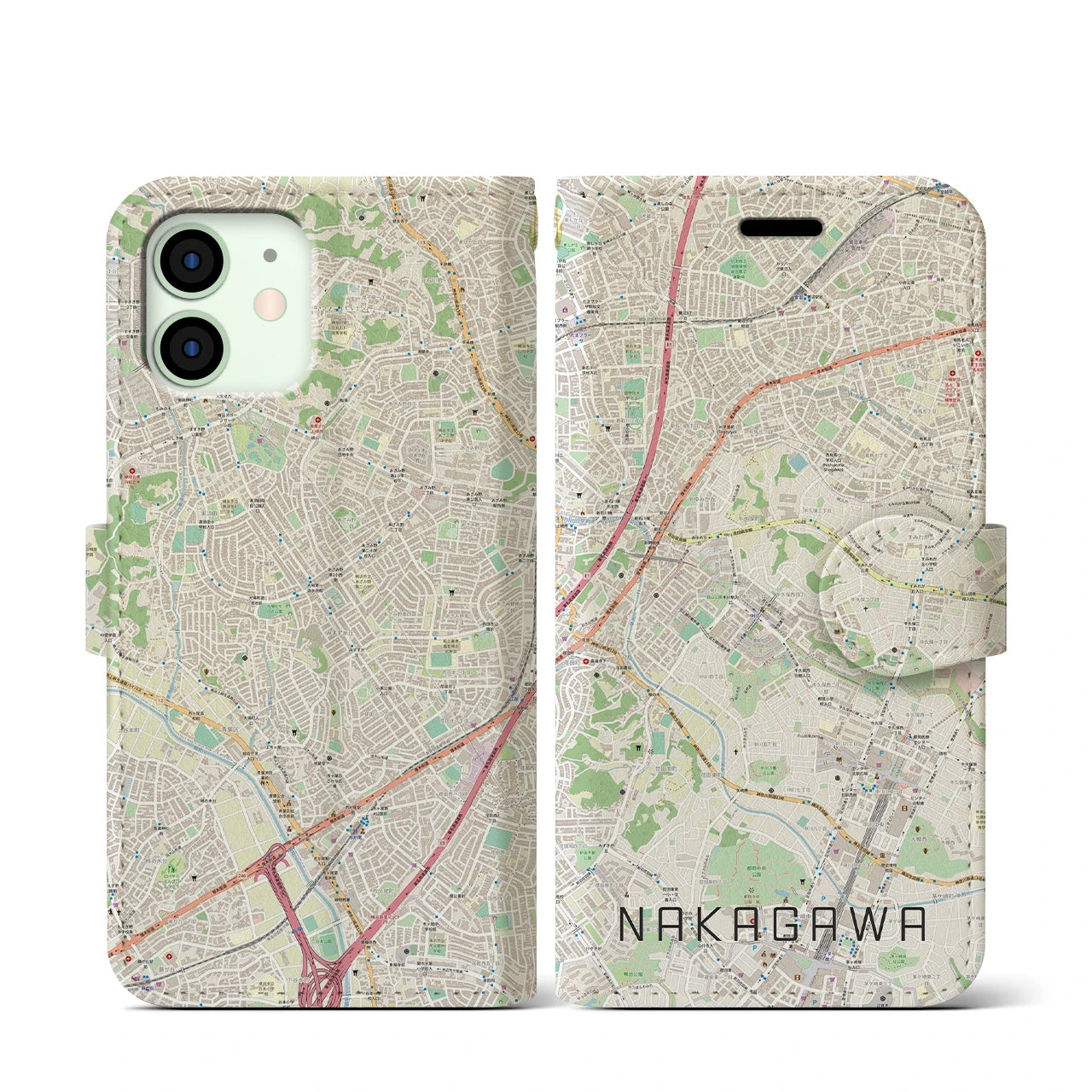 【中川(神奈川県)】地図柄iPhoneケース(手帳タイプ)ナチュラル・iPhone 12 mini 用