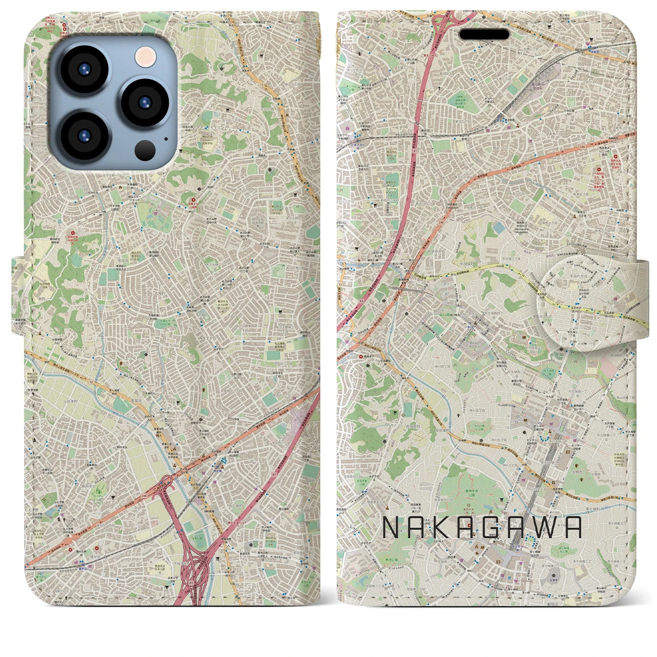 【中川(神奈川県)】地図柄iPhoneケース(手帳タイプ)ナチュラル・iPhone 13 Pro Max 用
