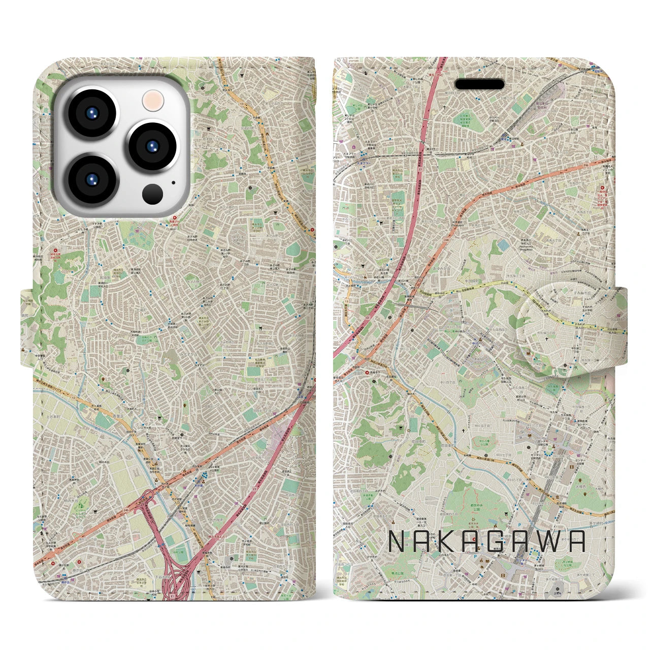 【中川(神奈川県)】地図柄iPhoneケース(手帳タイプ)ナチュラル・iPhone 13 Pro 用