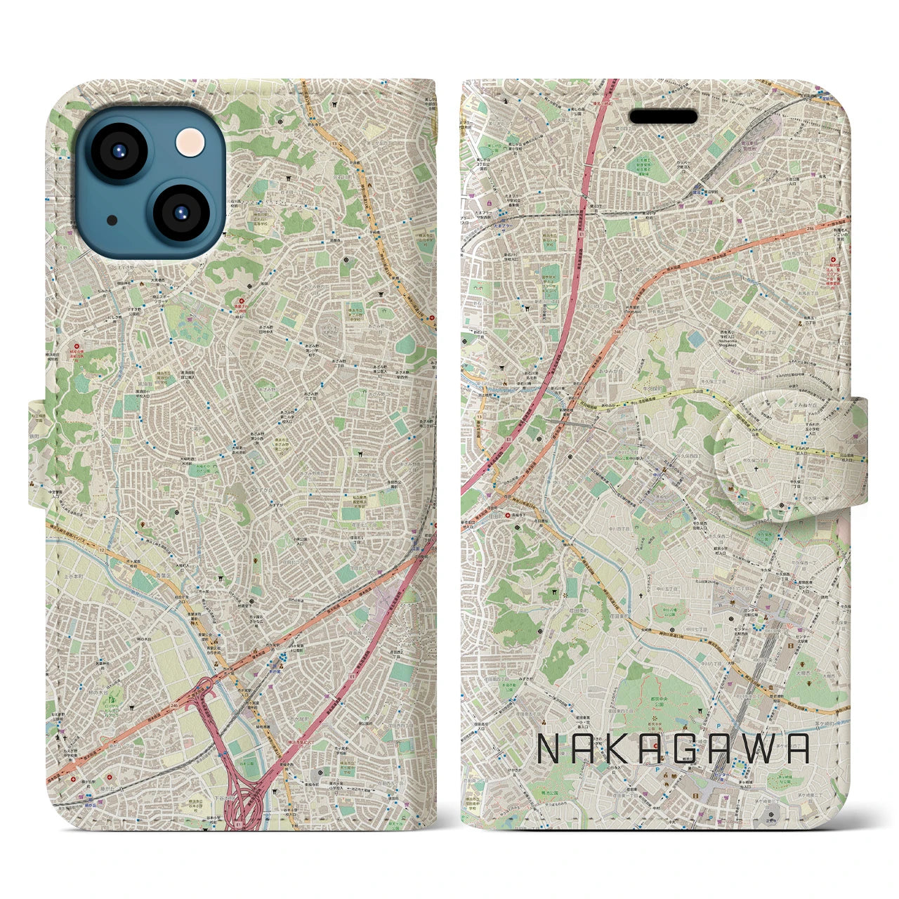 【中川(神奈川県)】地図柄iPhoneケース(手帳タイプ)ナチュラル・iPhone 13 用