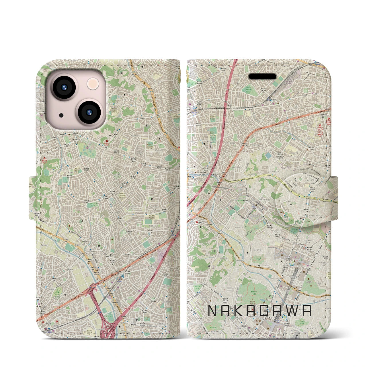 【中川(神奈川県)】地図柄iPhoneケース(手帳タイプ)ナチュラル・iPhone 13 mini 用