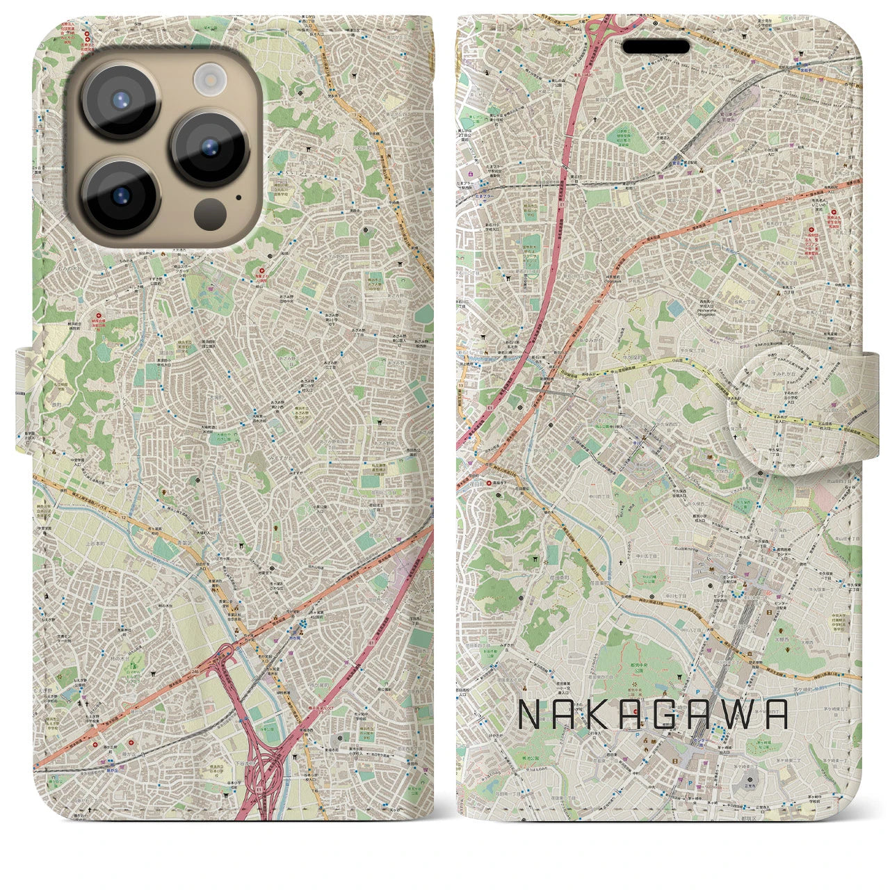 【中川(神奈川県)】地図柄iPhoneケース(手帳タイプ)ナチュラル・iPhone 14 Pro Max 用