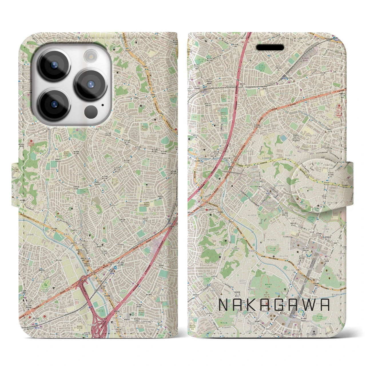 【中川(神奈川県)】地図柄iPhoneケース(手帳タイプ)ナチュラル・iPhone 14 Pro 用