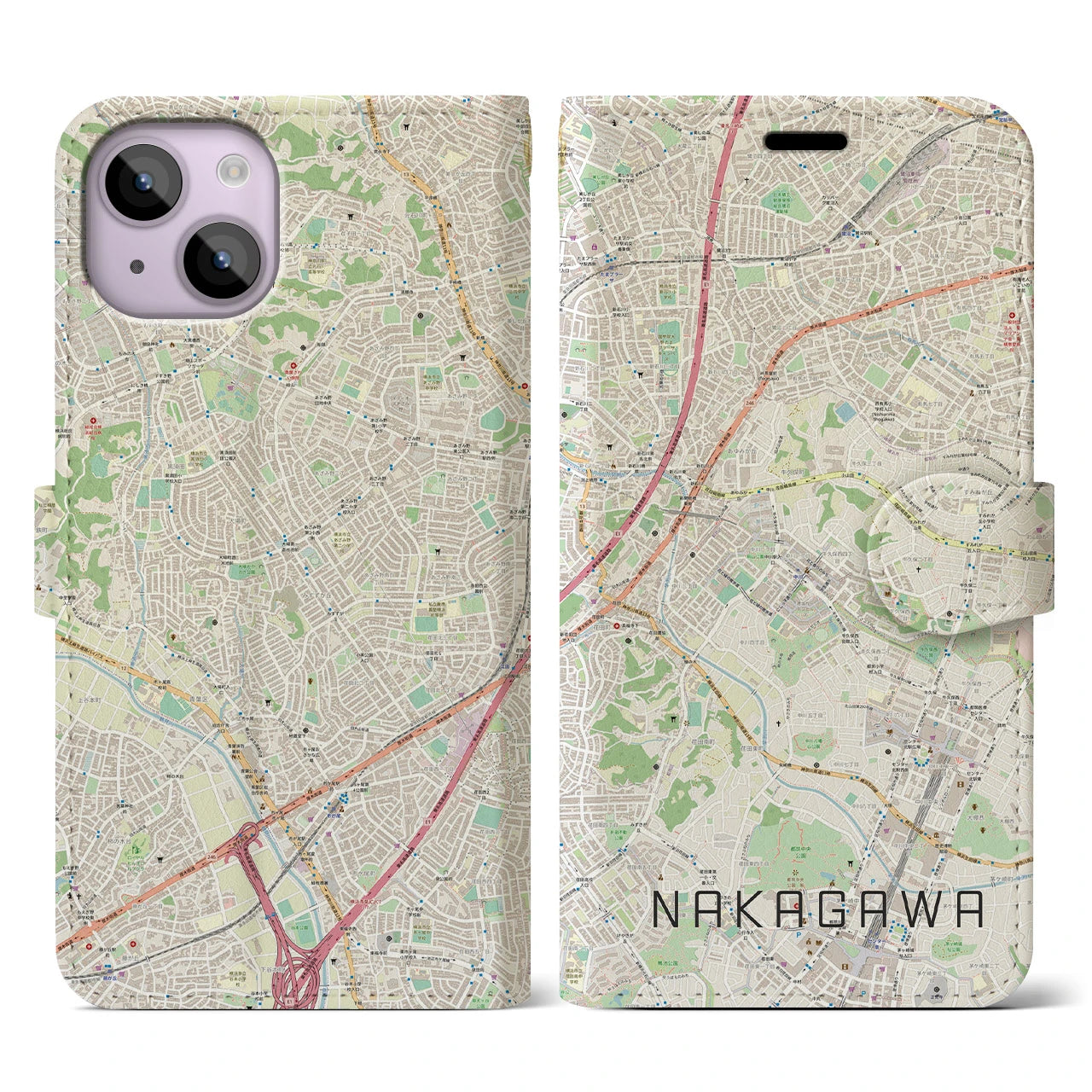 【中川(神奈川県)】地図柄iPhoneケース(手帳タイプ)ナチュラル・iPhone 14 用