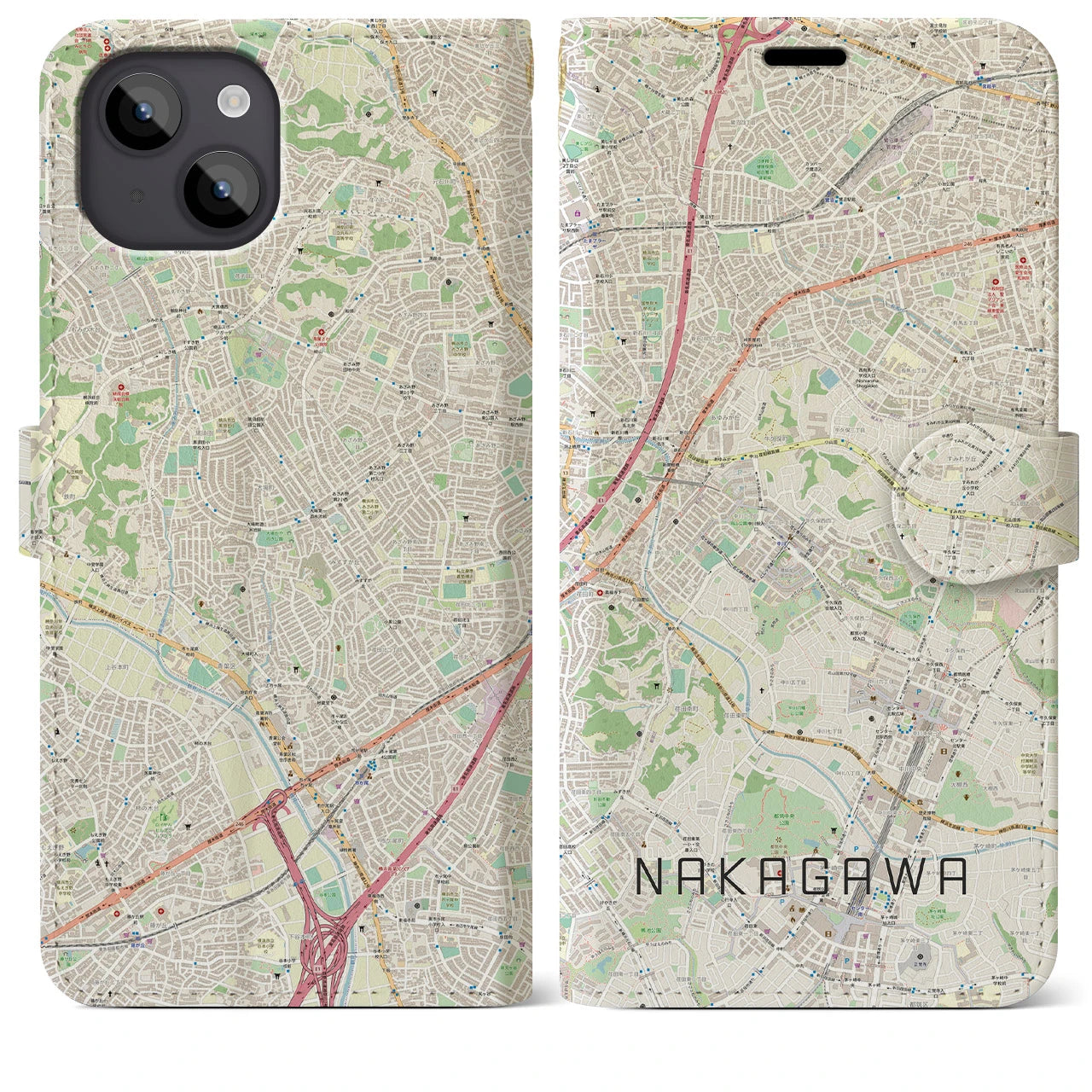 【中川(神奈川県)】地図柄iPhoneケース(手帳タイプ)ナチュラル・iPhone 14 Plus 用