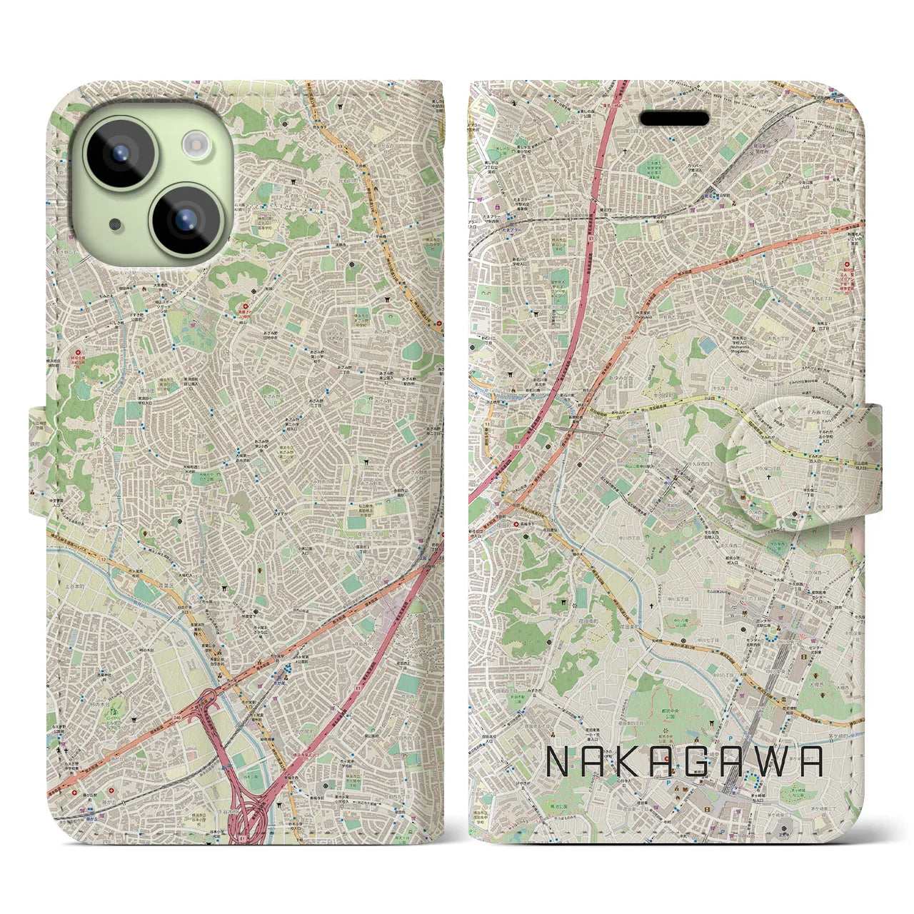 【中川(神奈川県)】地図柄iPhoneケース(手帳タイプ)ナチュラル・iPhone 15 用