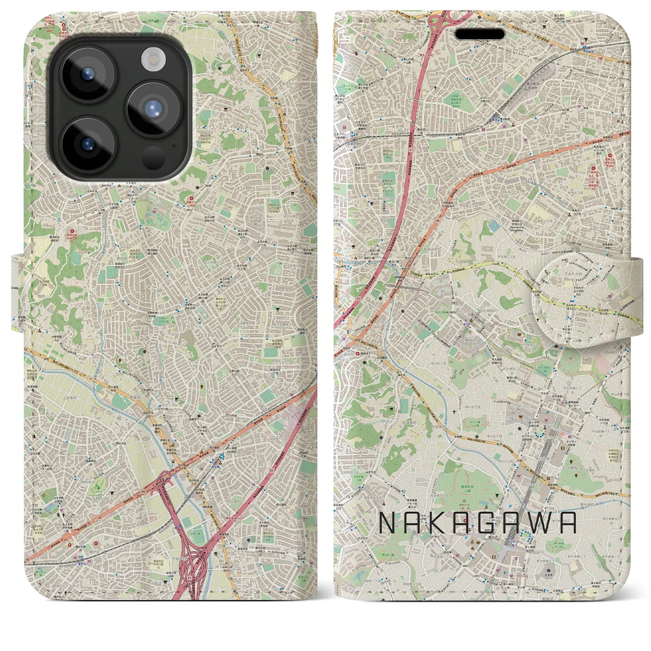 【中川(神奈川県)】地図柄iPhoneケース(手帳タイプ)ナチュラル・iPhone 15 Pro Max 用