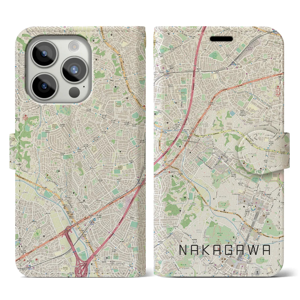 【中川(神奈川県)】地図柄iPhoneケース(手帳タイプ)ナチュラル・iPhone 15 Pro 用