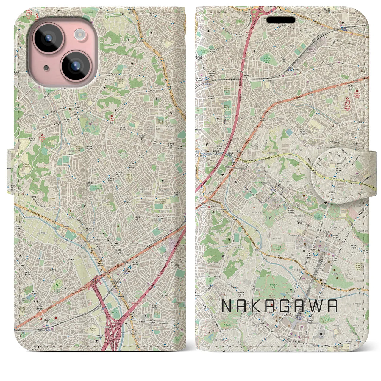 【中川(神奈川県)】地図柄iPhoneケース(手帳タイプ)ナチュラル・iPhone 15 Plus 用